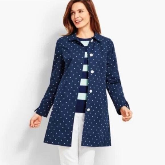 Talbots Polka Dot Trench Jacket, Blue & White 14P - Picture 2 of 8